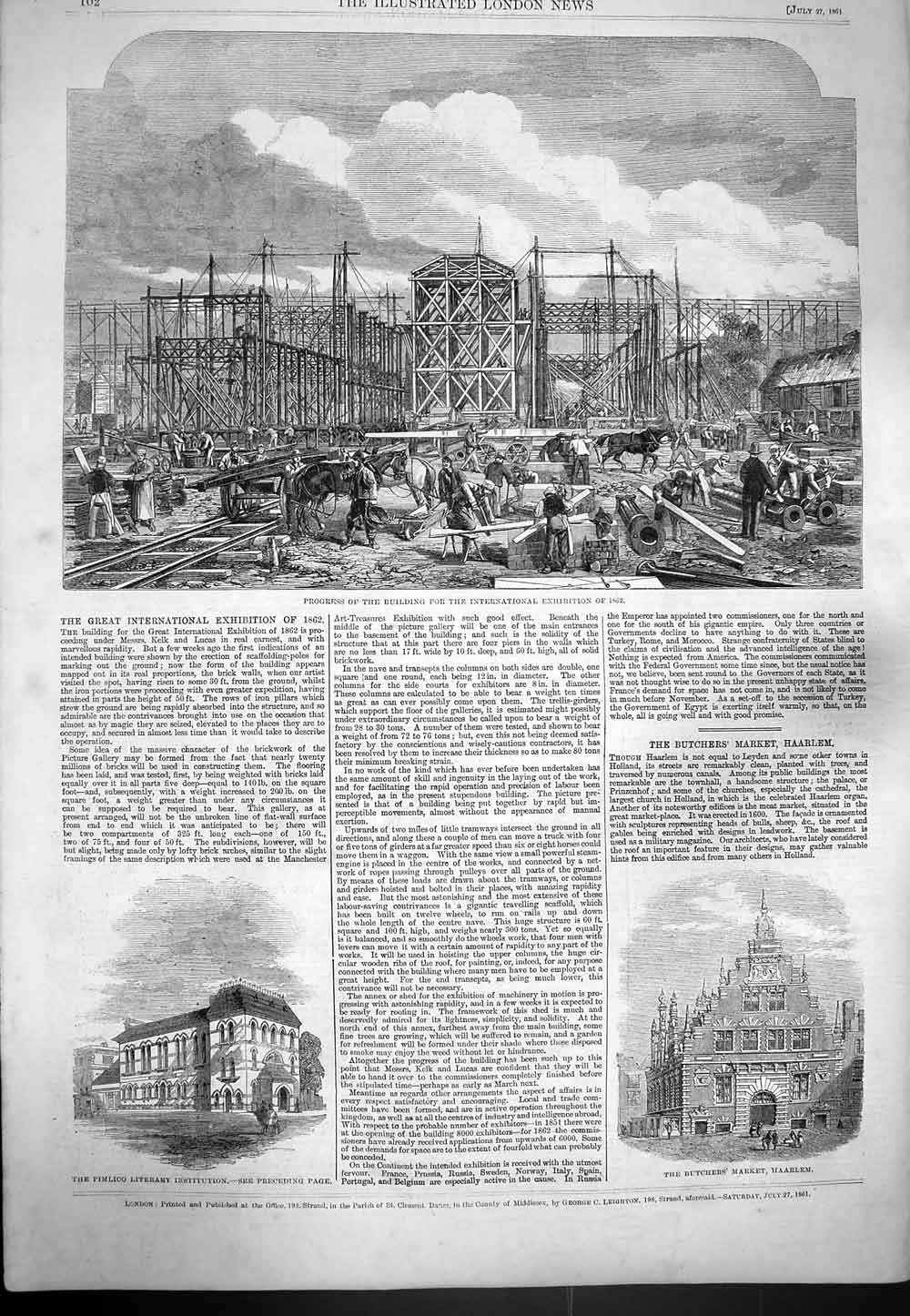 Old Antique Print 1861 Building International Exhibition Butchers Haarlem 19th