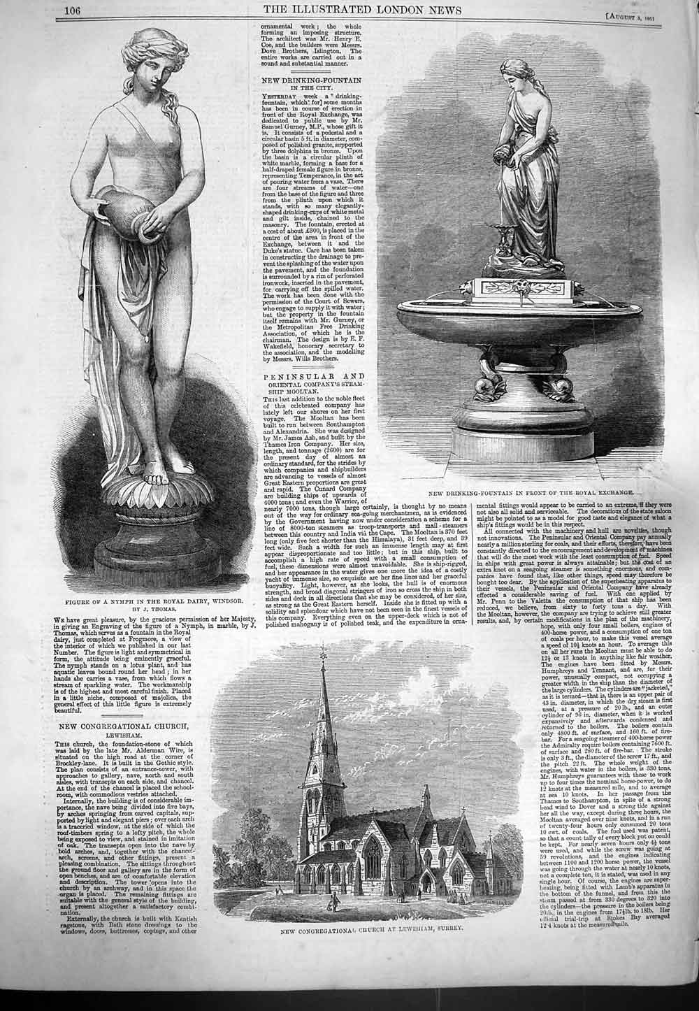 Original Old Antique Print 1861 Nymph Windsor Drinking Fountain Church Surrey