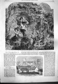 Original Old Antique Print 1861 Godshill Church Isle Wight Children Wood Trees