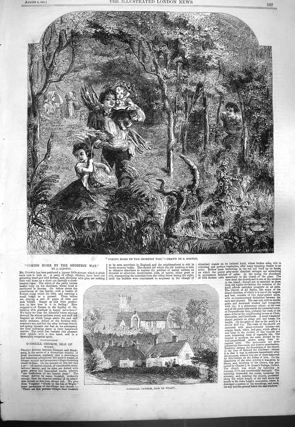 Original Old Antique Print 1861 Godshill Church Isle Wight Children Wood Trees