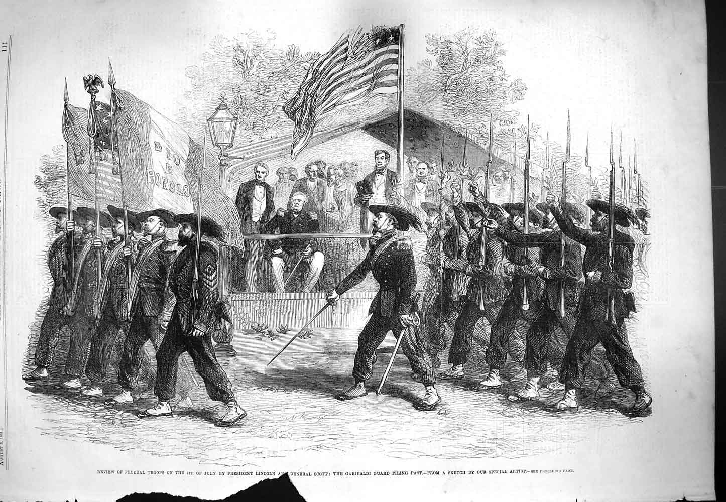 Original Old Antique Print 1861 Federal Troops President Lincoln Garibald 19th