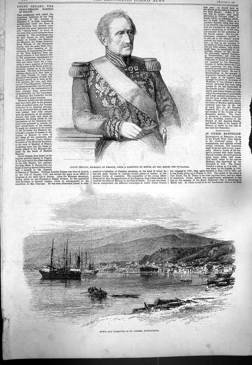 Original Old Antique Print 1861 Count Ornano Marshal France Harbour St. Pierre