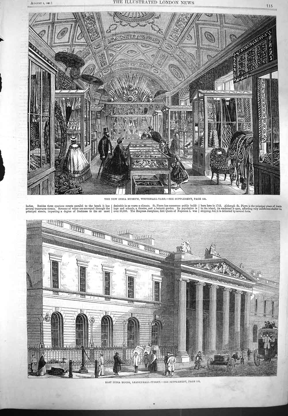Original Old Antique Print 1861 India Museum Whitehall Leandenhall Street House