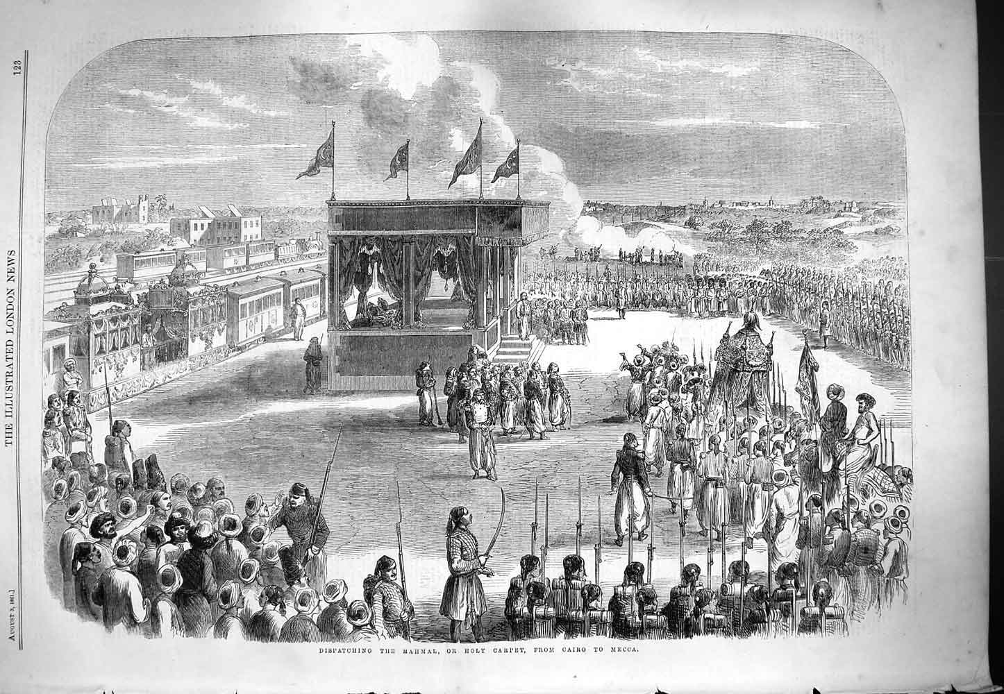 Original Old Antique Print 1861 Dispatching Mahmal Holy Carpet Cairo Mecc 19th