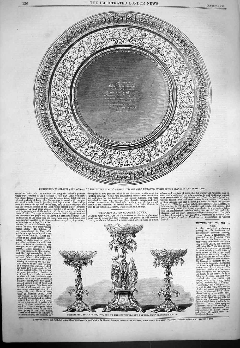 Original Old Antique Print 1861 Testminonal Colonel John Gowan West Pape 19th