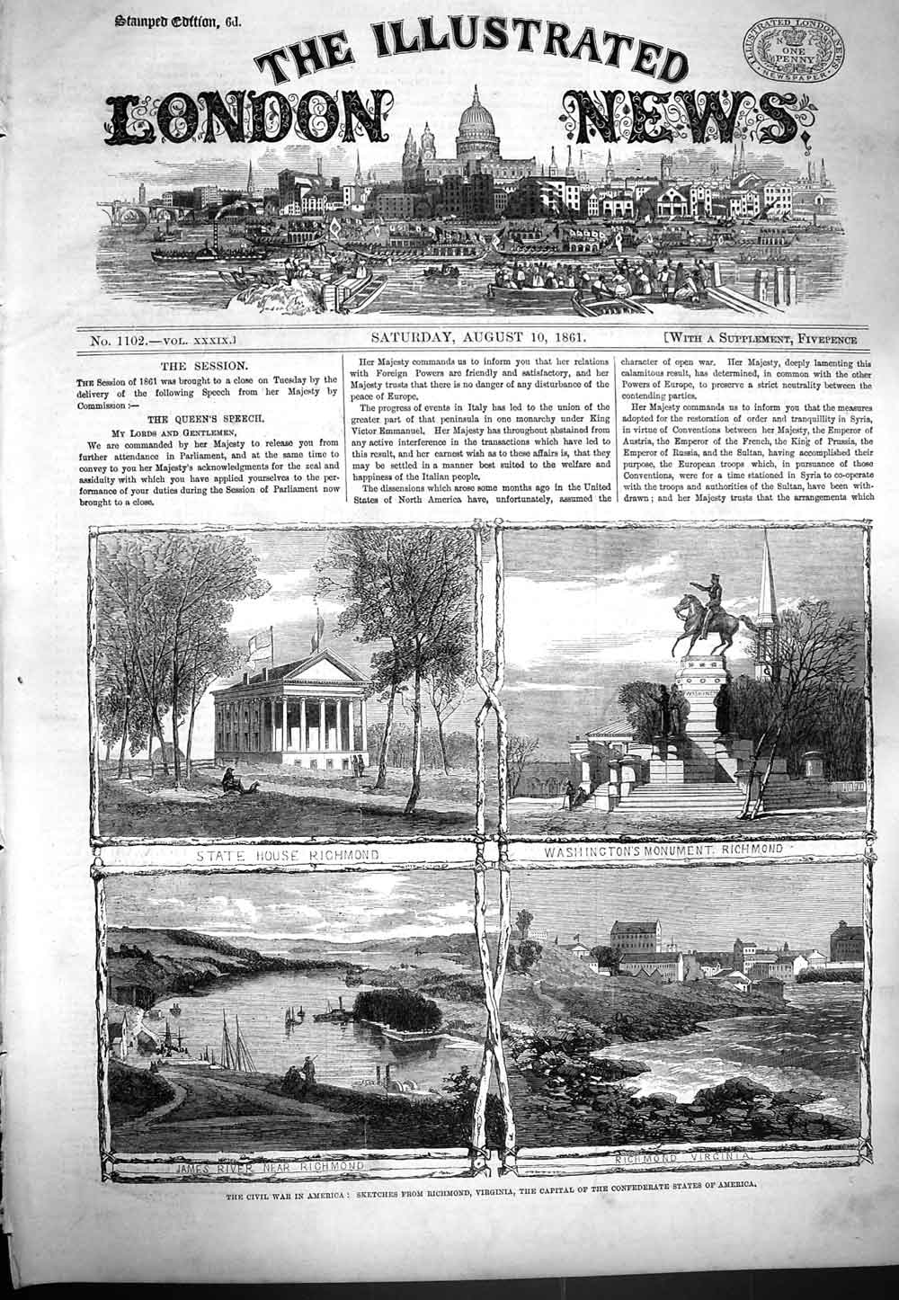 Original Old Antique Print 1861 War America Richmond Washington Monument James