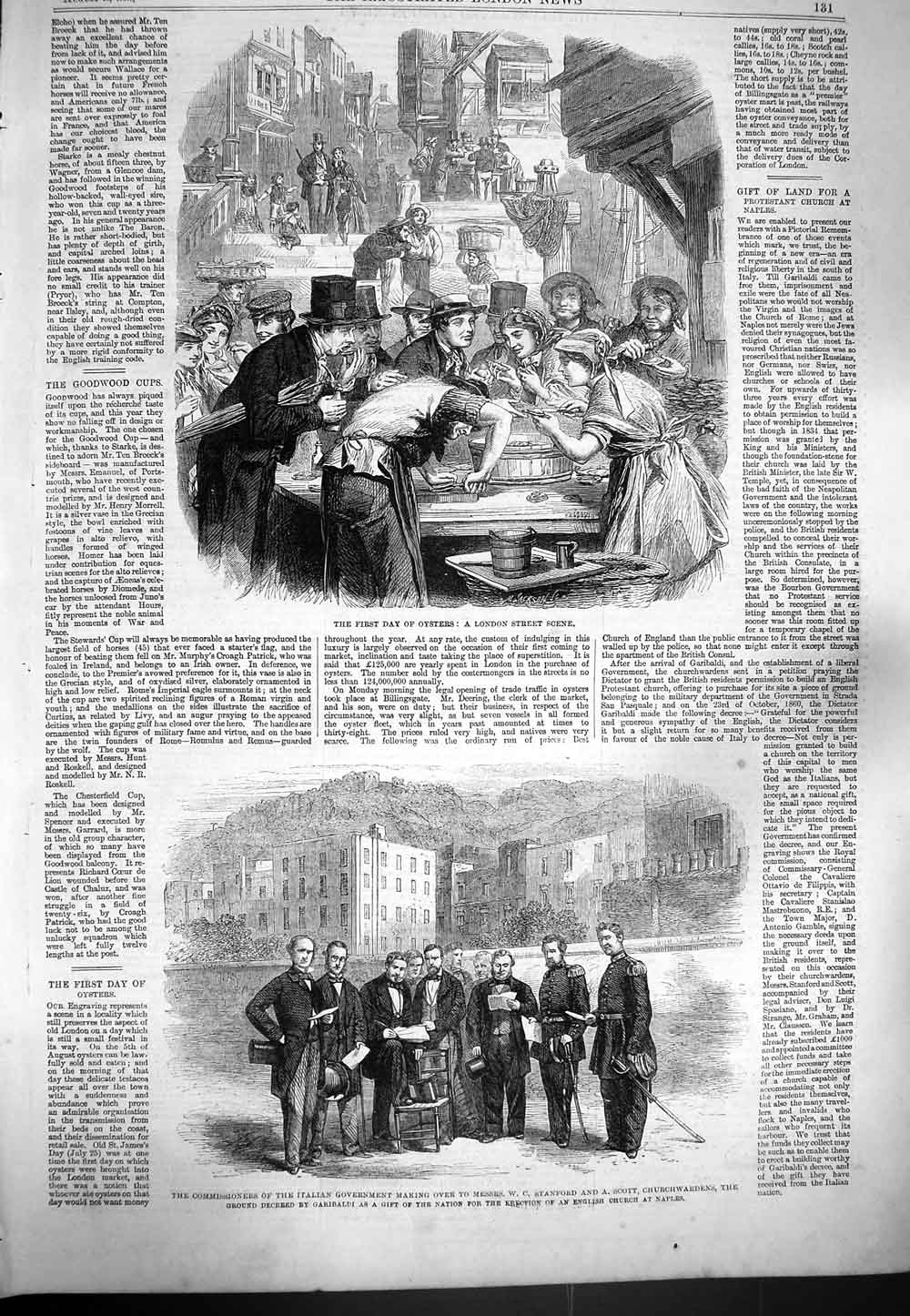 Original Old Antique Print 1861 London Street Scene Oysters Italian Government