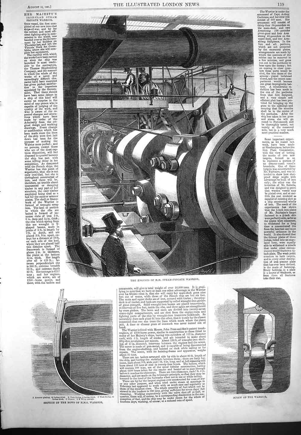 Old Antique Print 1861 Engines H.M. Steam Frigate Warrior Ship Bows Screw 19th