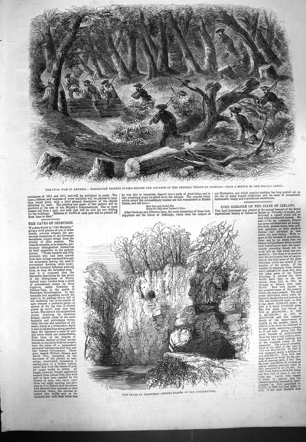 Old Antique Print 1861 War America Carolinian Pickets Ferderal Jedburgh 19th