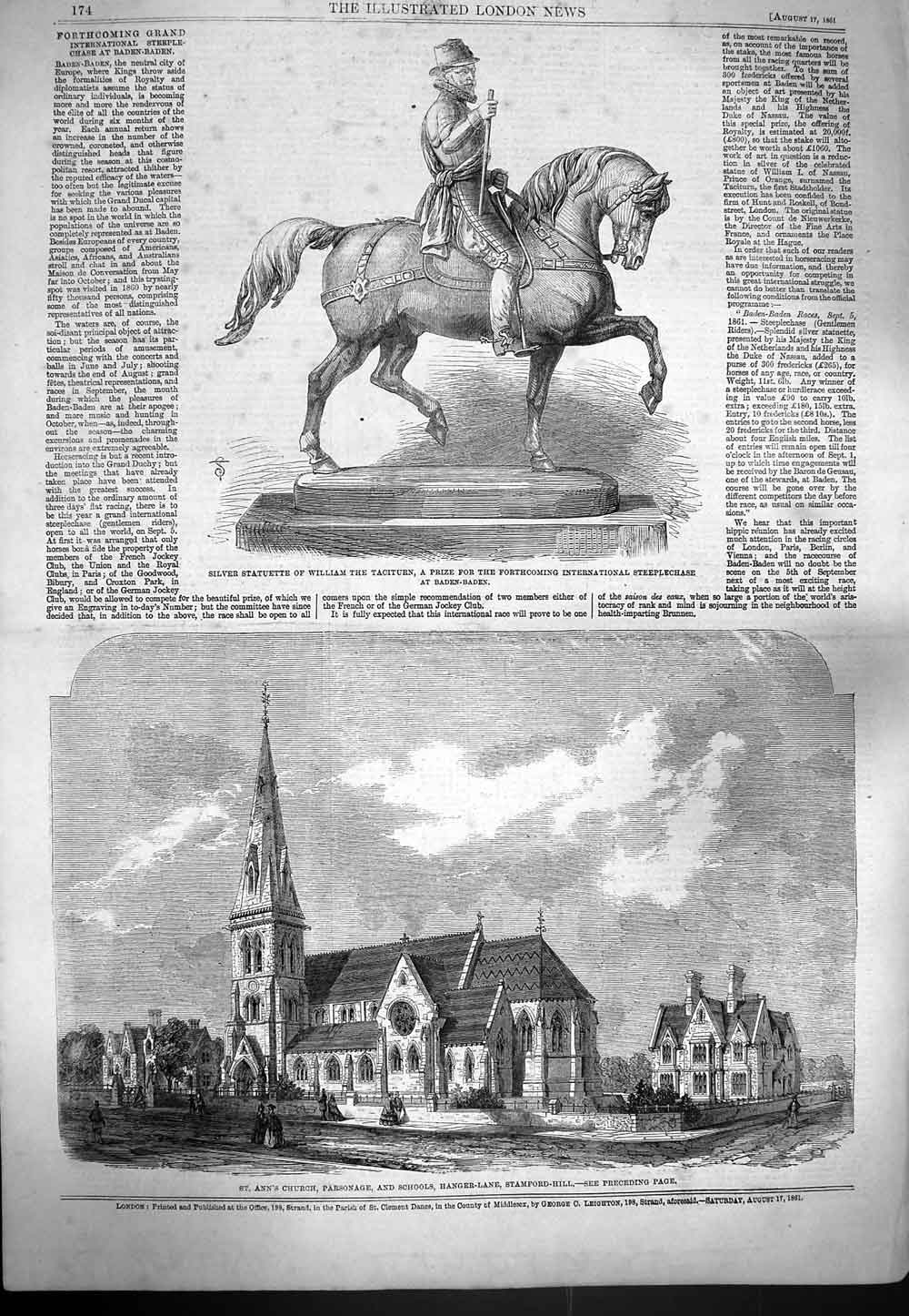 Old Antique Print 1861 Statue William Taciturn St. Anns Church Stamford 19th