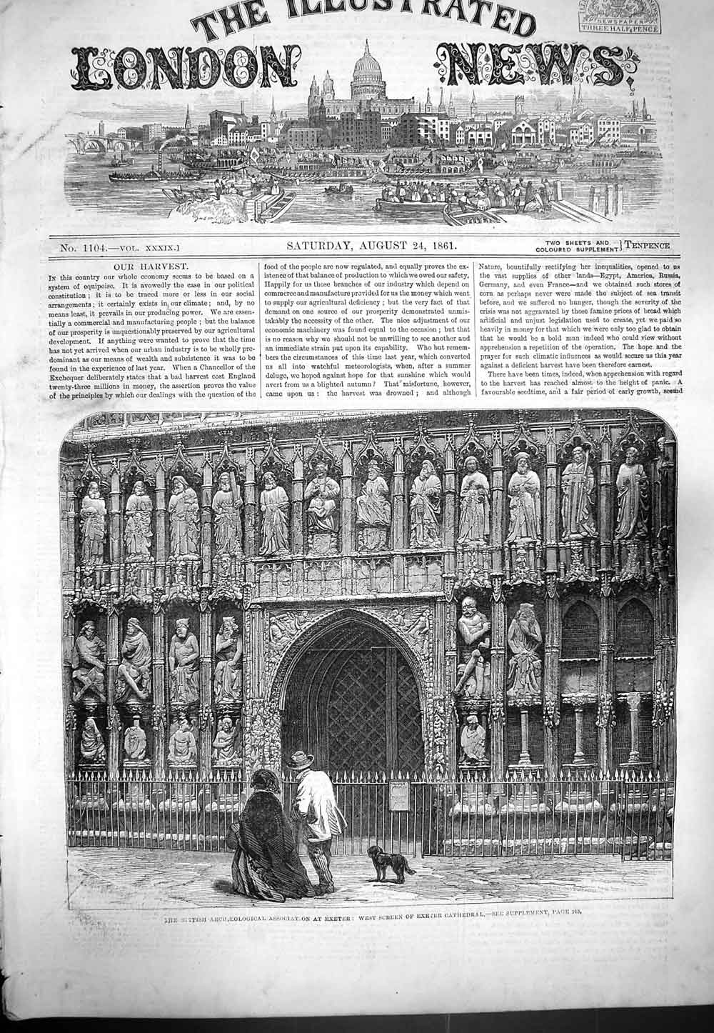 Original Old Antique Print 1861 Exeter Cathedral British Archaeological 19th