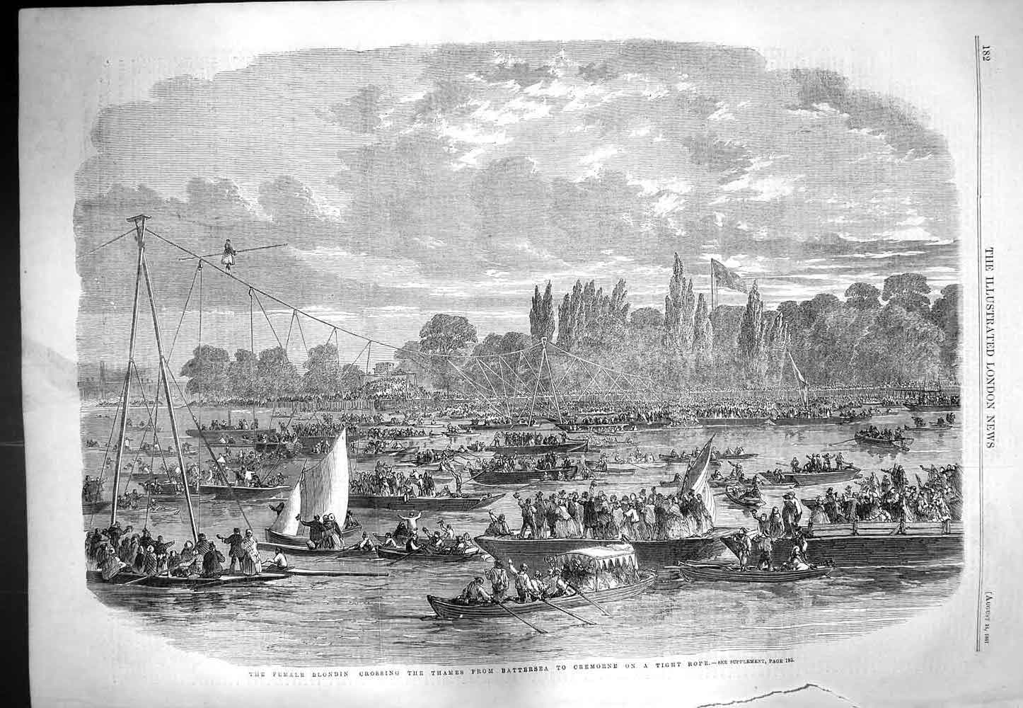 Old Antique Print 1861 Female Blondin River Thames Battersea Tight Rope 19th