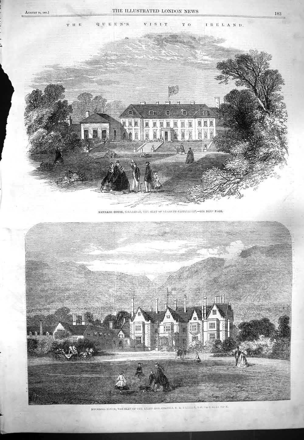 Original Old Antique Print 1861 Queen Ireland Kenmare House Killarney M 19th