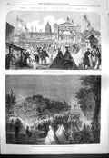 Original Old Antique Print 1861 Fetes Paris Esplanade Invalides Champs Elysees