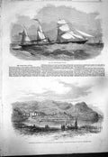 Original Old Antique Print 1861 Screw-Steamer Sicilia Eisteddfod Conway Castle