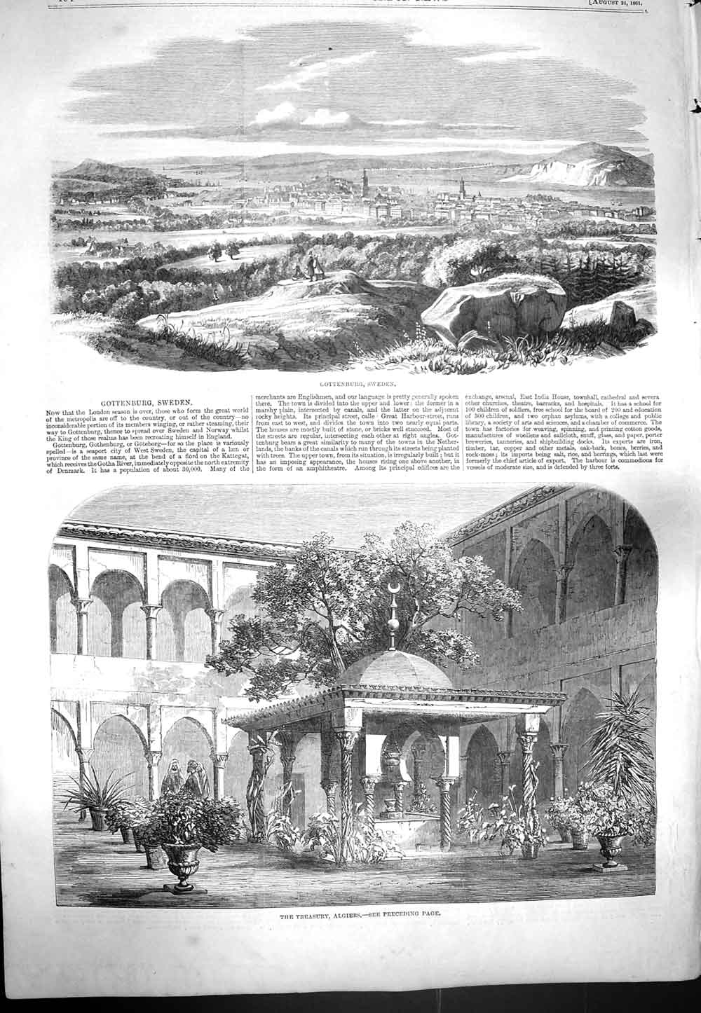 Original Old Antique Print 1861 View Gottenburg Sweden Treasury Algiers 19th