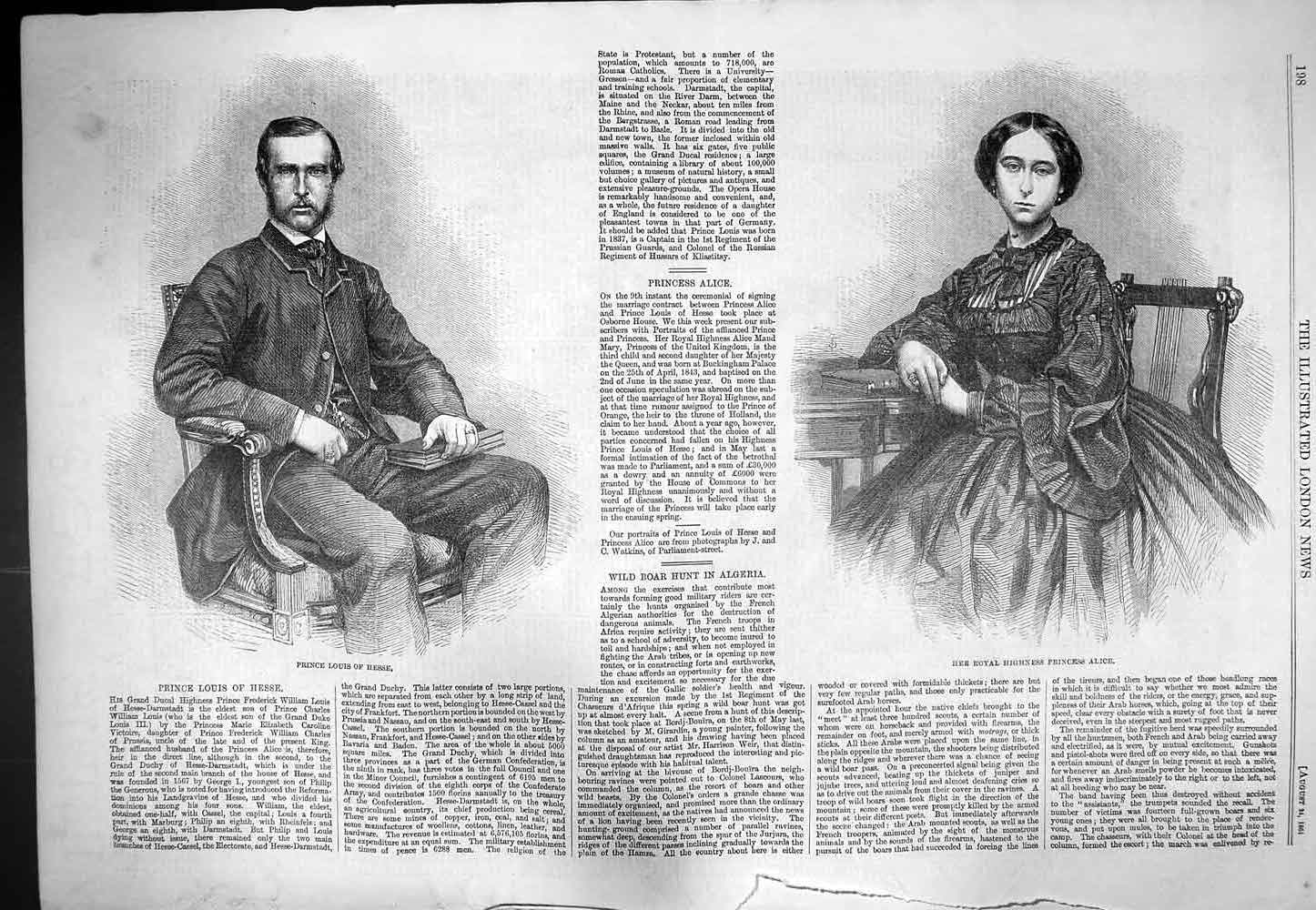 Old Antique Print 1861 Royal Highness Princess Alice Prince Louis Hesse 19th