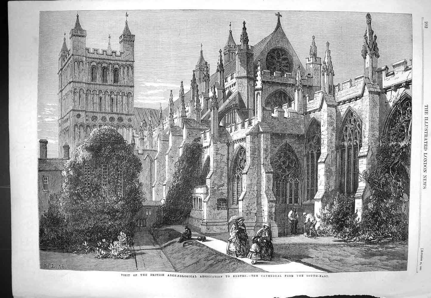 Original Old Antique Print 1861 Cathedral Exeter British Architecture Building