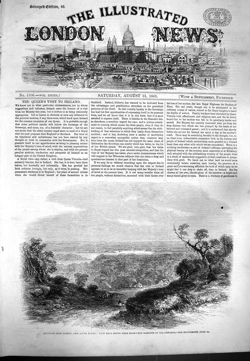 Original Old Antique Print 1861 Sydney South Wales Australia Harbour South Road
