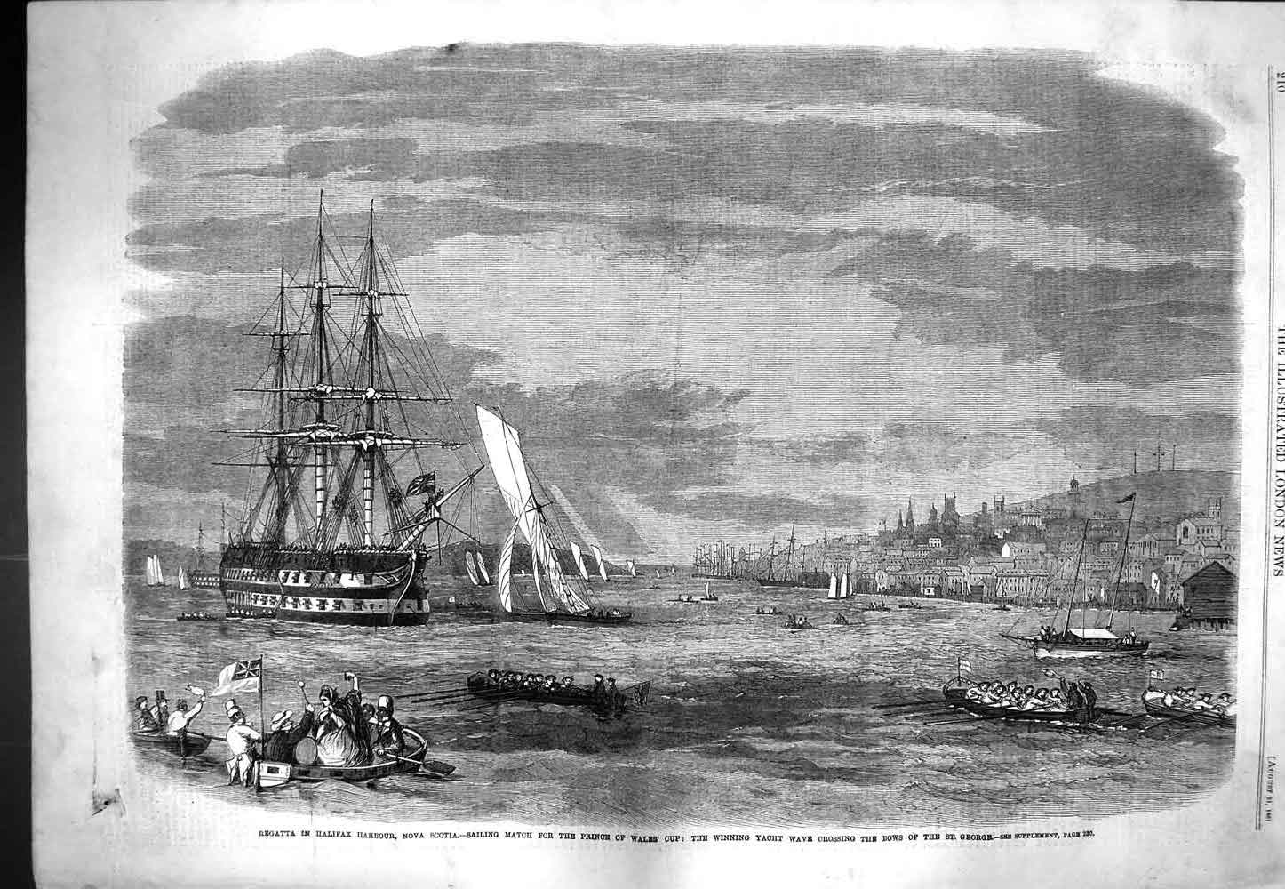 Original Old Antique Print 1861 Regatta Halifax Harbour Nova Scotia St. George