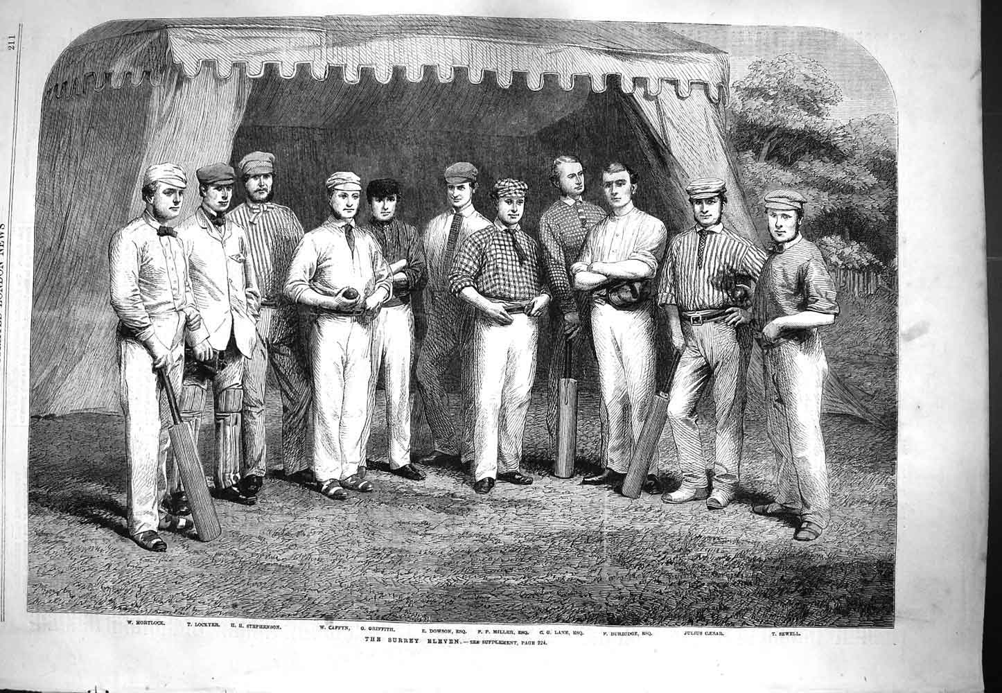 Original Old Antique Print 1861 Surrey Cricket Dowson Miller Lane Caesar 19th