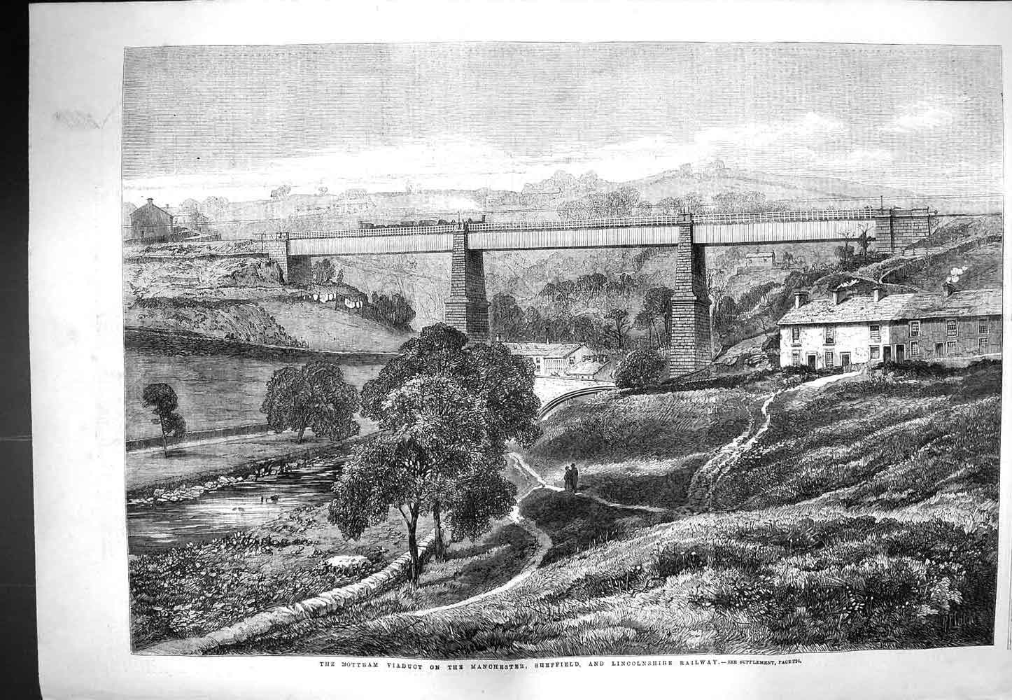 Original Old Antique Print 1861 Mottram Viaduct Manchester Railway Train Sh 19th