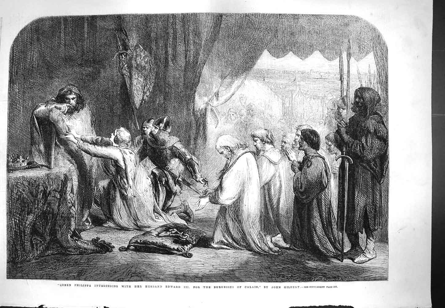Original Old Antique Print 1861 Queen Philippa Husband Edward Burgesses Calias