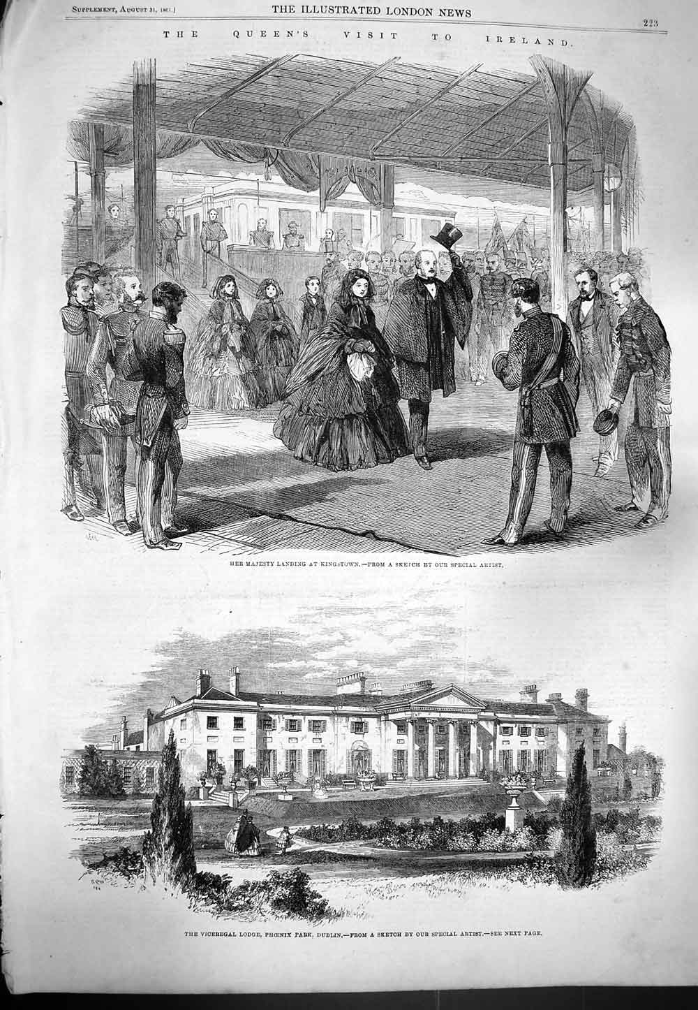Old Antique Print 1861 Queen Ireland Kingstown Phoenix Park Dublin Lodge 19th