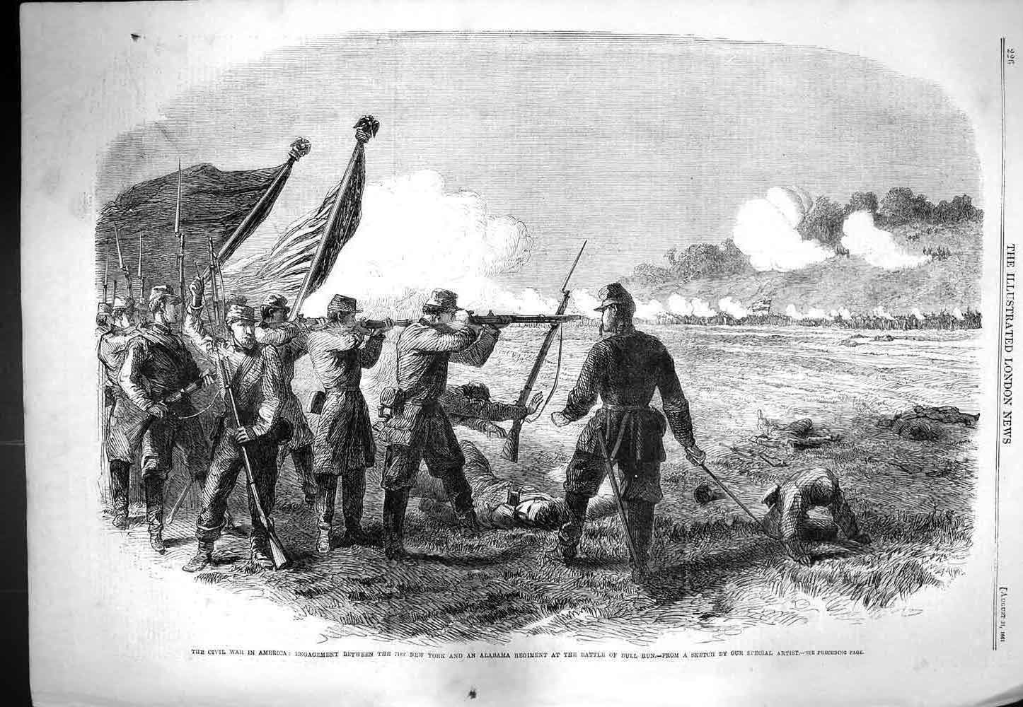 Original Old Antique Print 1861 War America New York Alabama Bull Ring Battle