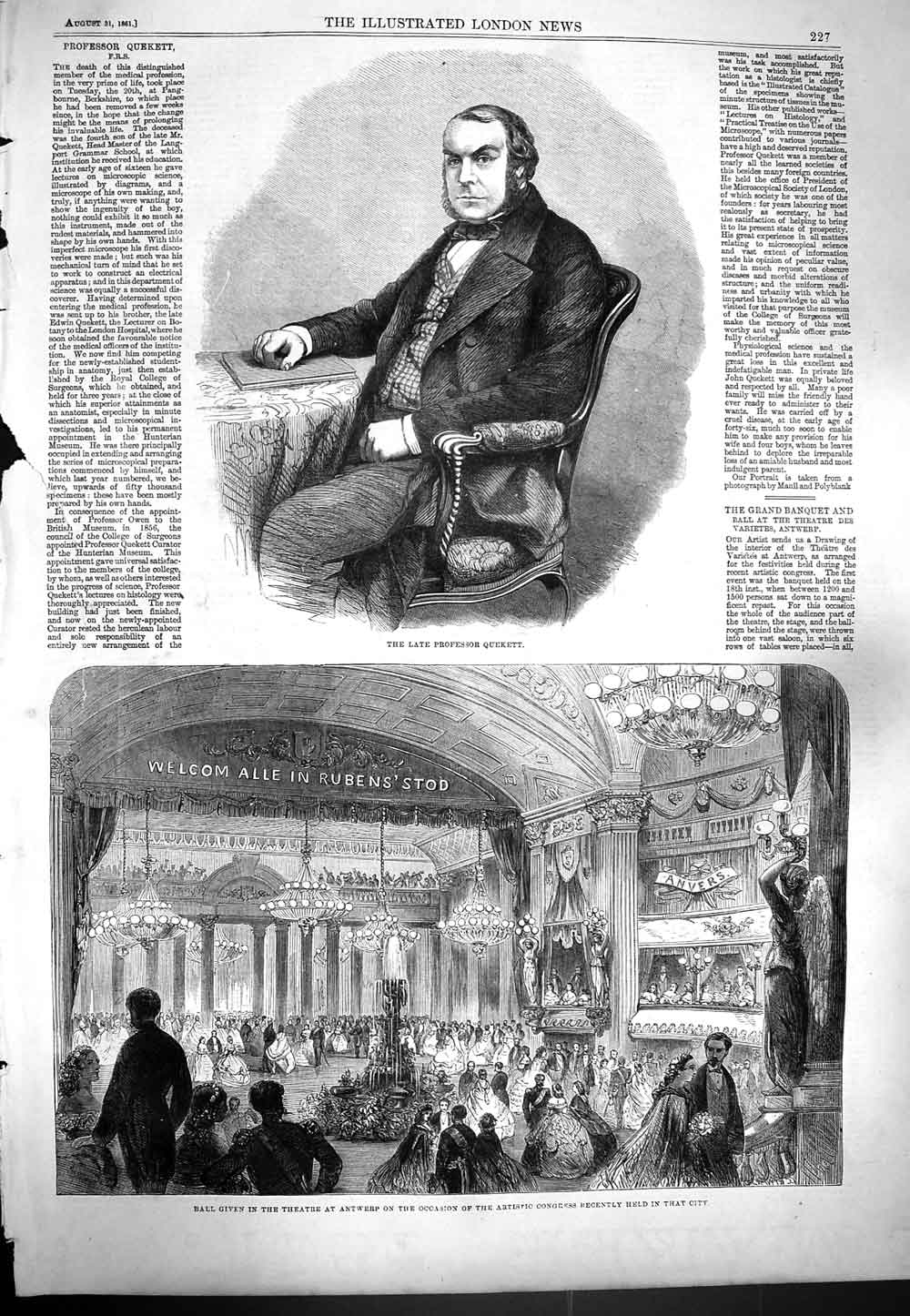 Old Antique Print 1861230 Professor Quekett Ball Theatre Antwerp Dancing 19th