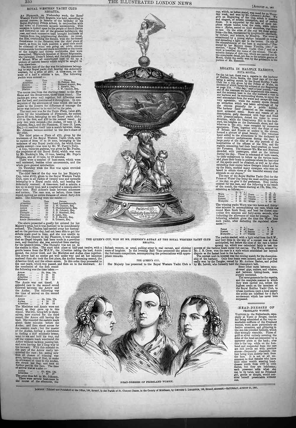 Antique Old Print *3803 1861 Head-Dresses Friesland Women Queen'S Cup Yacht