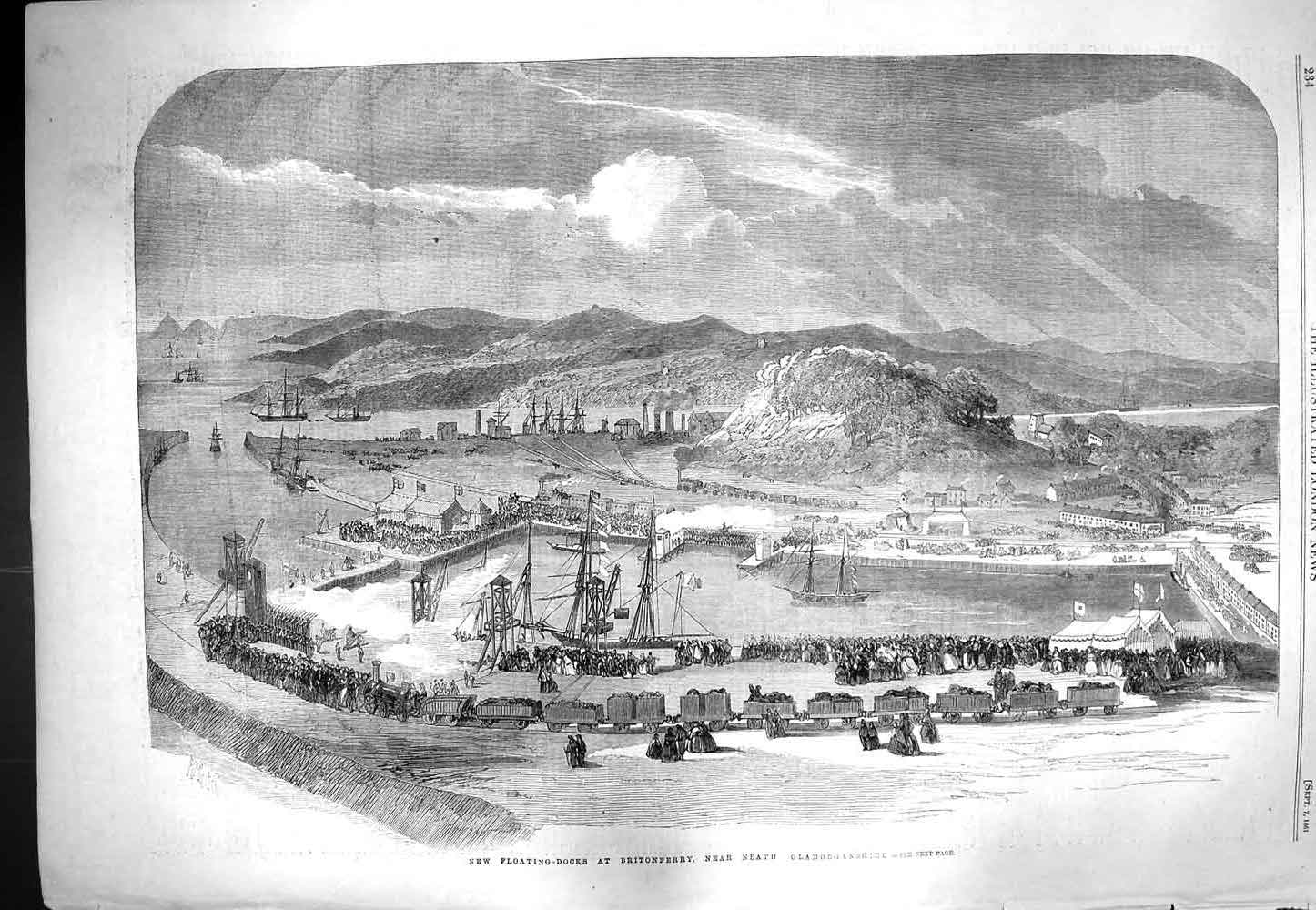 Original Old Antique Print 1861 Floating Docks Britonferry Glamorganshire Wales