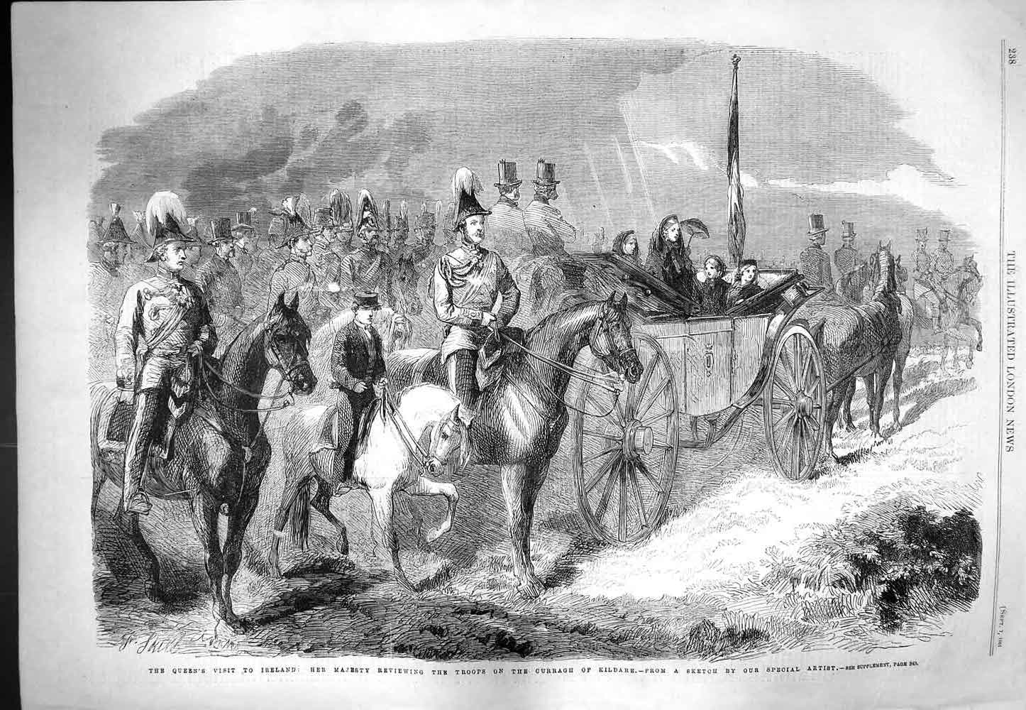 Original Old Antique Print 1861 Queen Ireland Siers Curragh Kildare Carriage