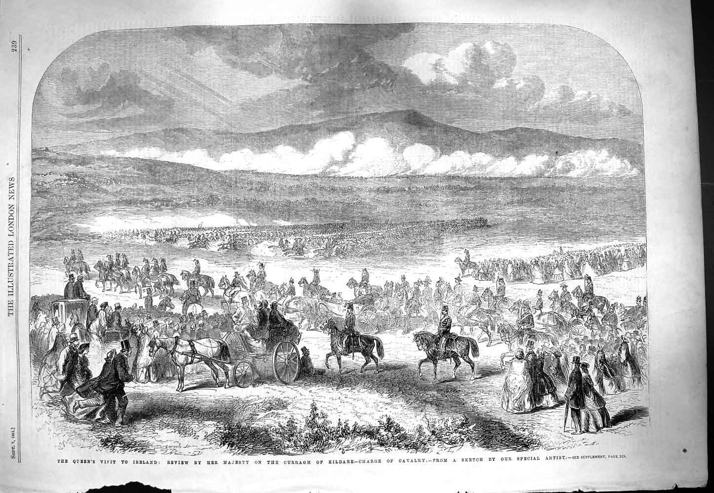 Original Old Antique Print 1861 Queen Ireland Curragh Kildare Charge Cavalry