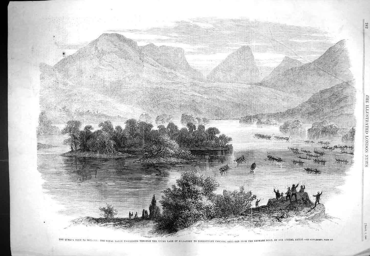 Old Antique Print 1861 Queen Ireland Royal Barge Lake Killarney Cascade 19th