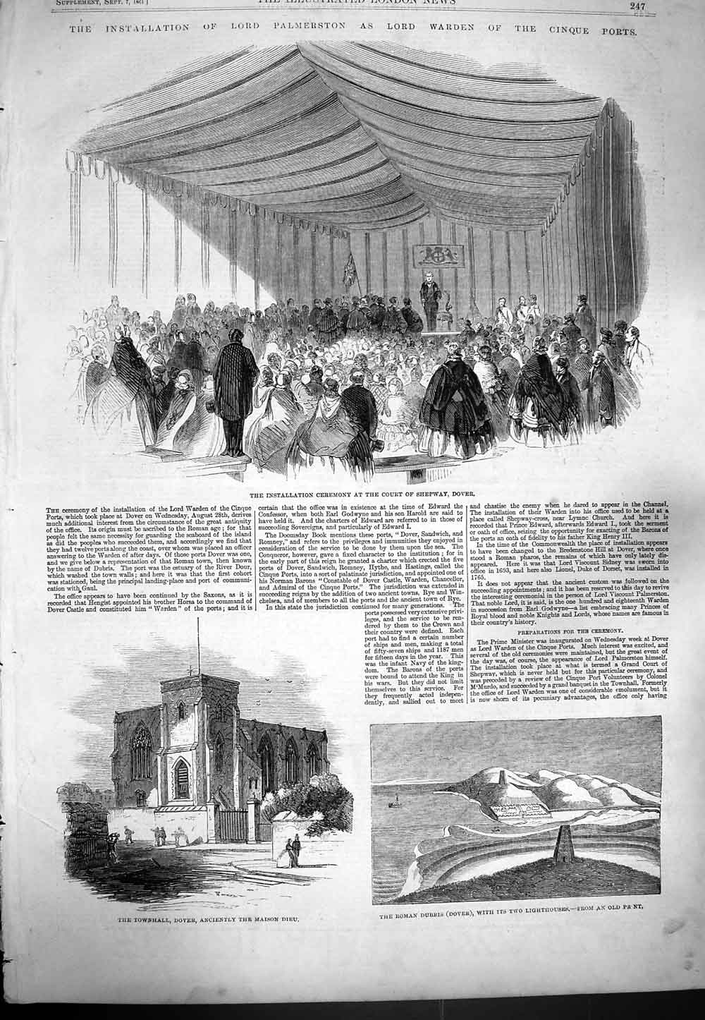 Old Antique Print 1861 Lord Palmerston Court Shepway Dover Roman Dubris 19th