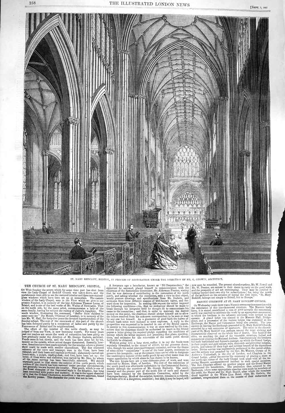 Original Old Antique Print 1861 St. Mary Redcliff Bristol Architecture Godwin