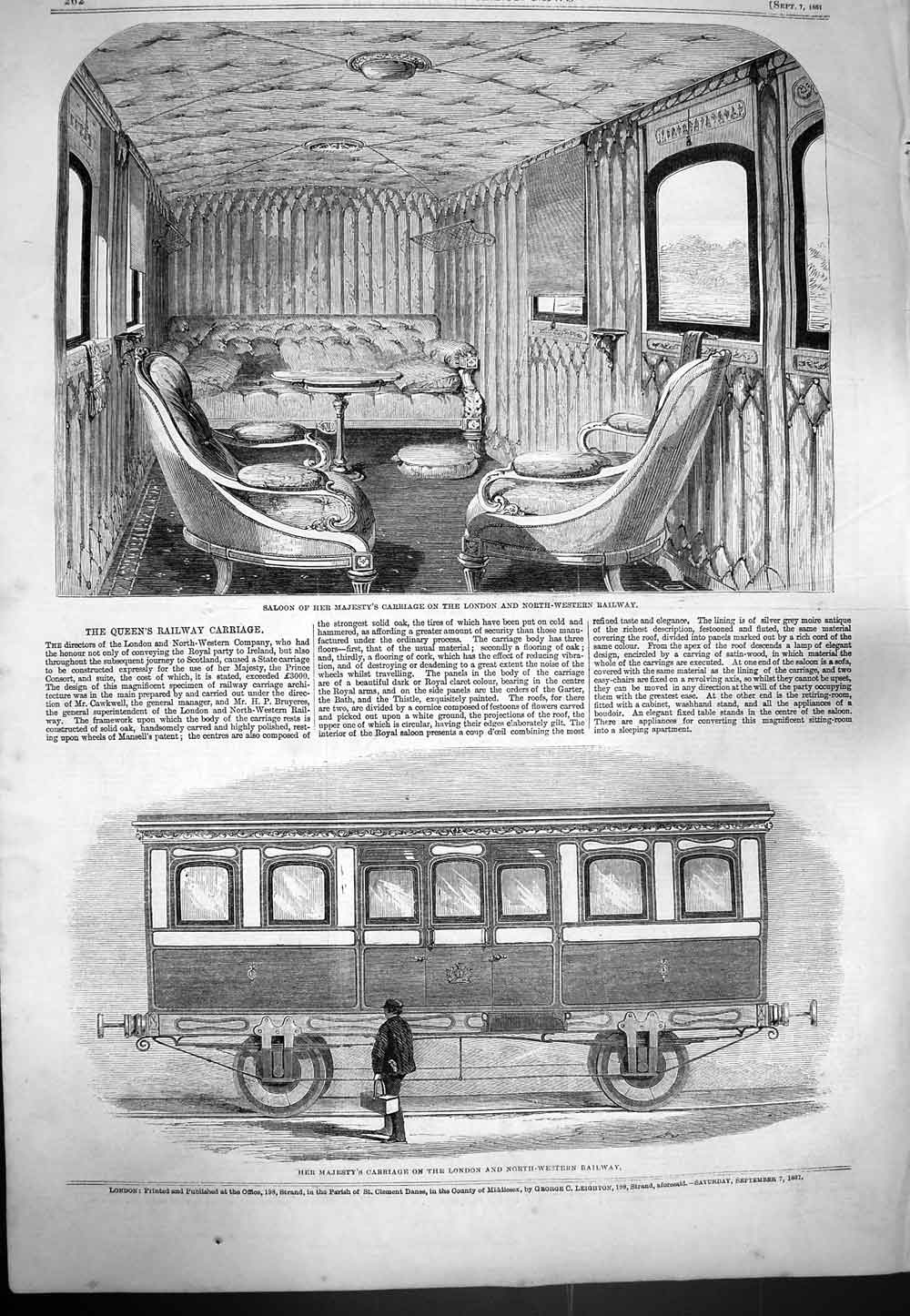 Original Old Antique Print 1861 Saloon Queen Carriage London Railway Richmo 19th