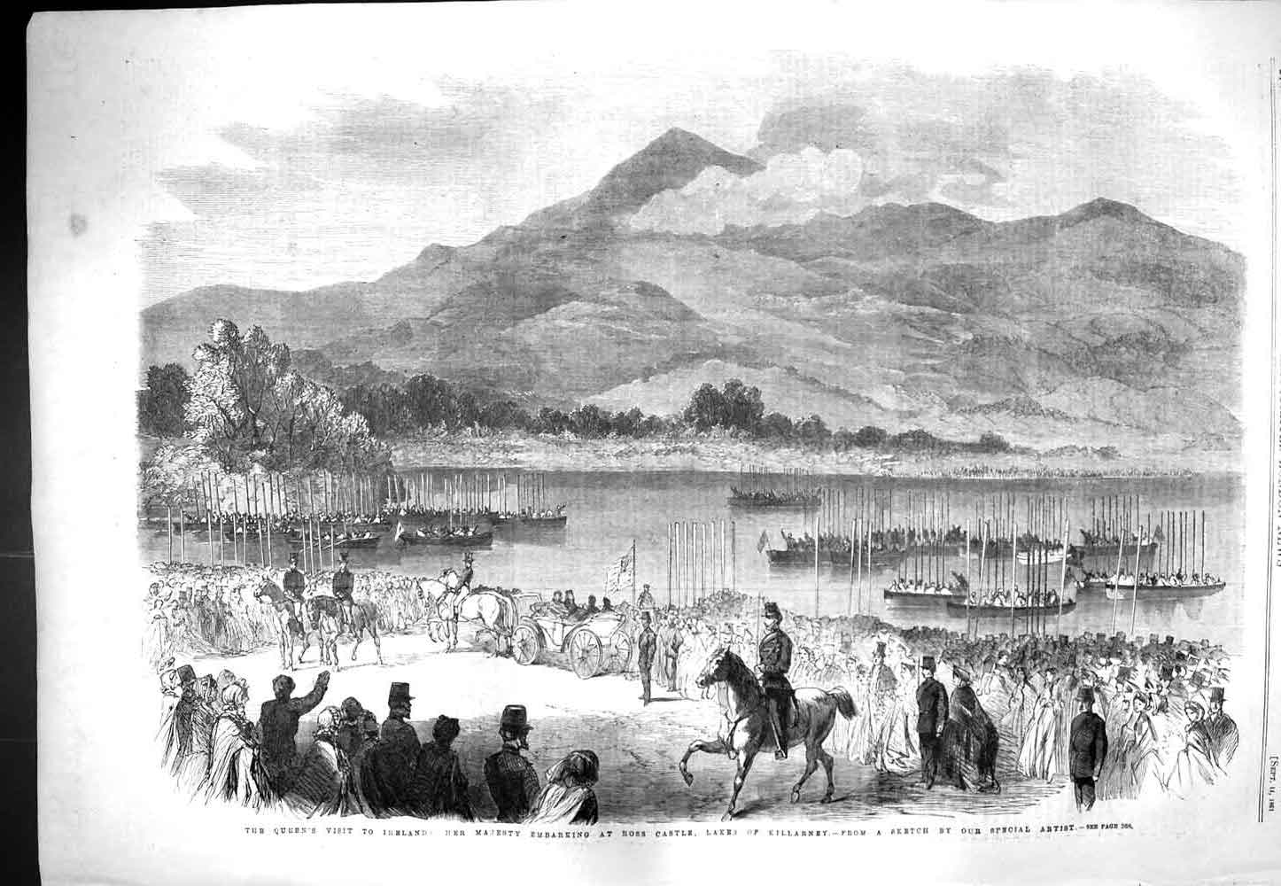 Antique Print Ref.972 1861 Queen Ireland Ross Castle Lakes Killarney Boats