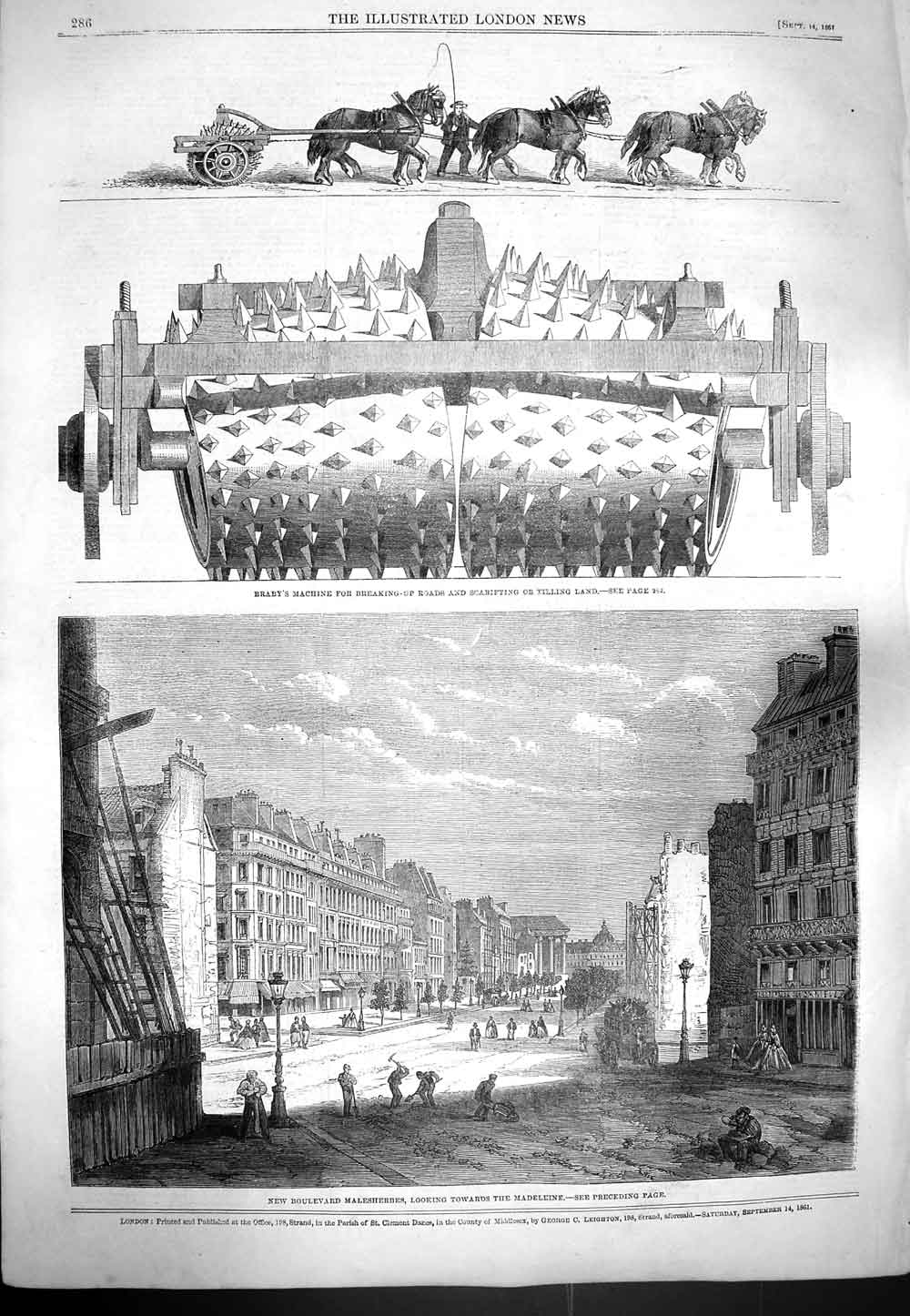 Original Old Antique Print 1861 Braby Machine Scarifying Tilling Malesherbes