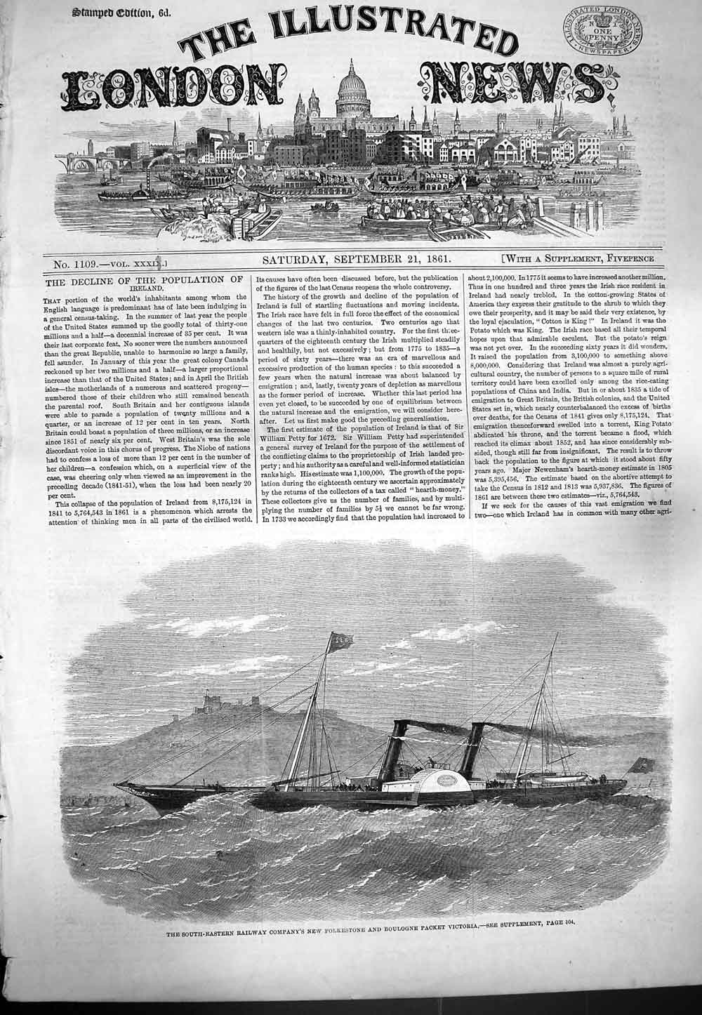 Old Antique Print 1861 South-Eastern Railway Folkestone Boulogne Victoria 19th