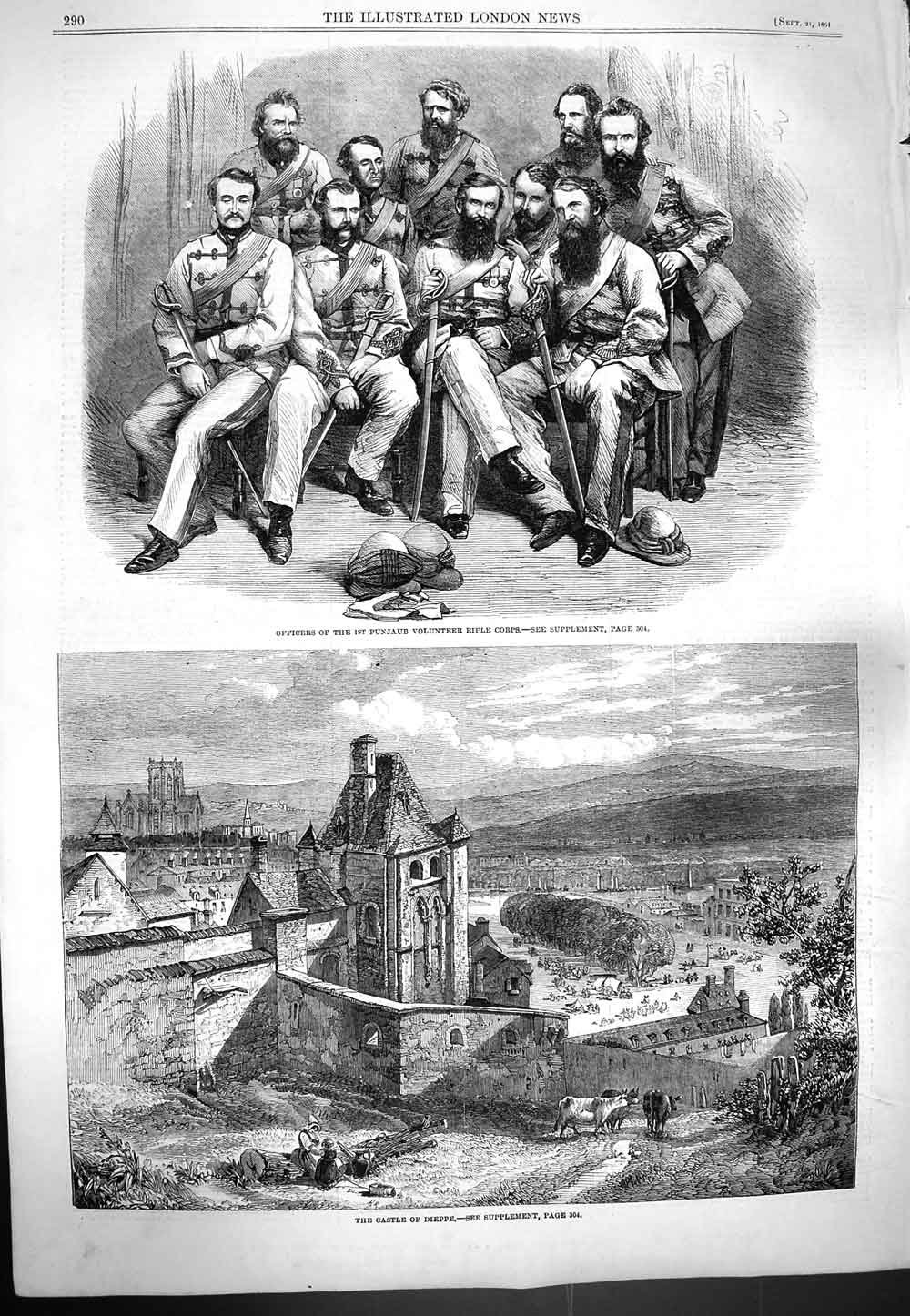 Old Antique Print 1861 Officers Punjaub Rifle Corps Castle Dieppe France 19th