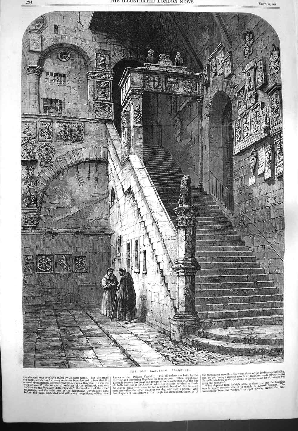 Original Old Antique Print 1861 Bargello Florence Italy Staircase F Victorian