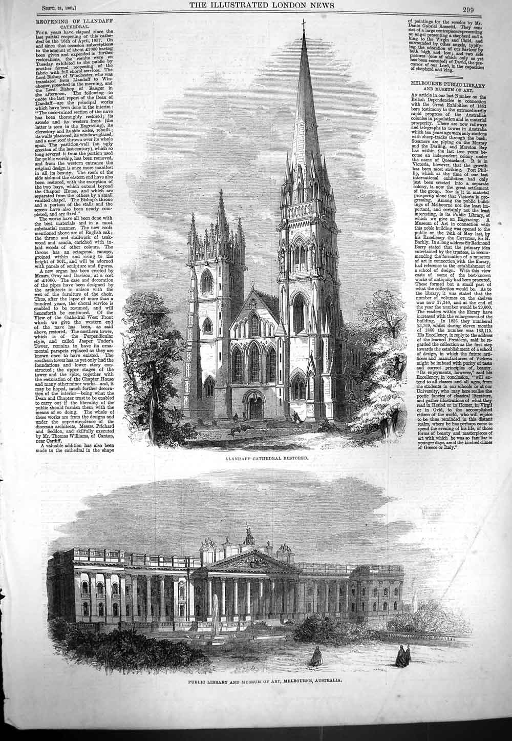 Original Old Antique Print 1861 Llandaff Cathedral Library Museum Art Australia