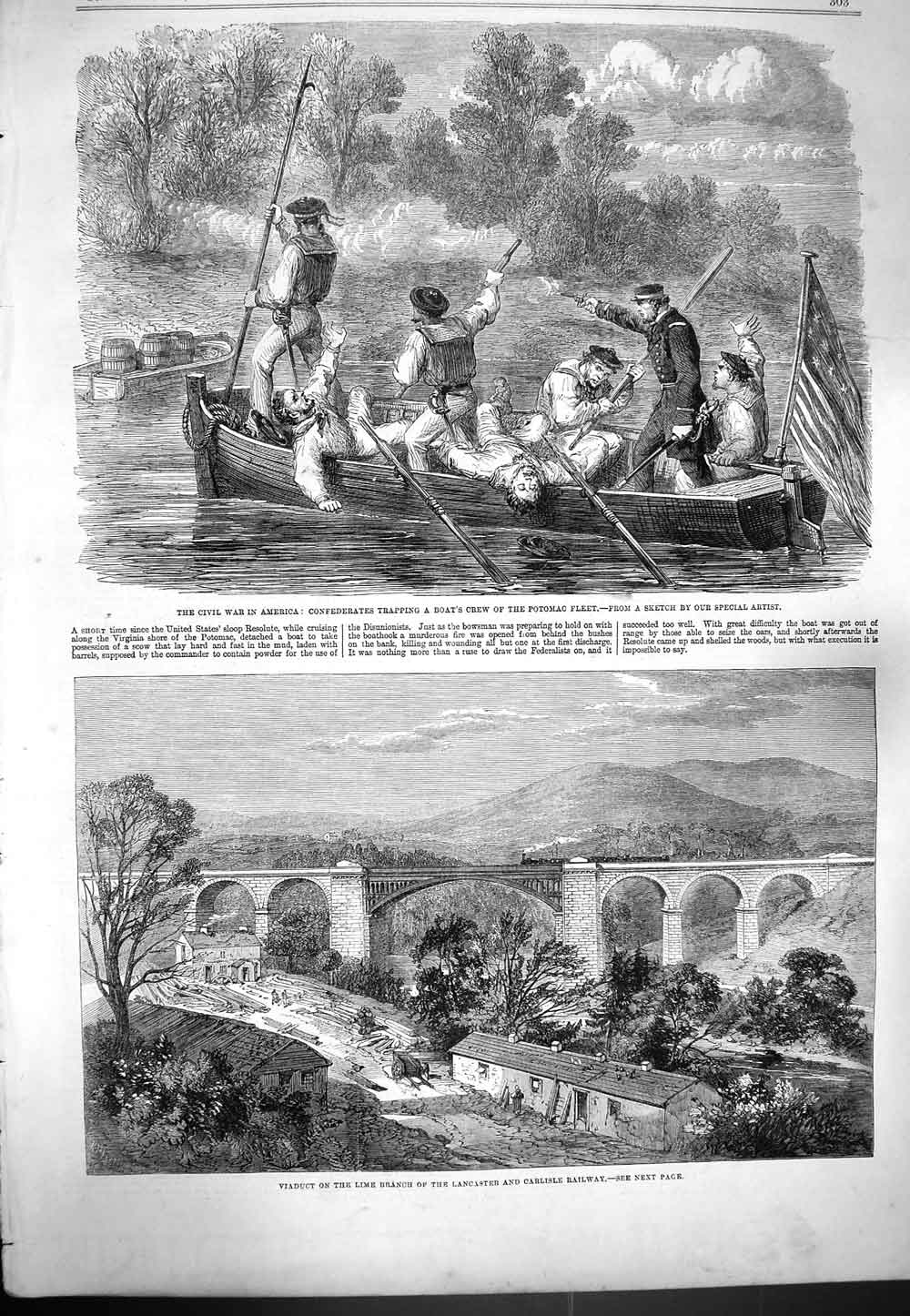 Original Old Antique Print 1861 War America Civil Wars Potomac Carlisle Railway