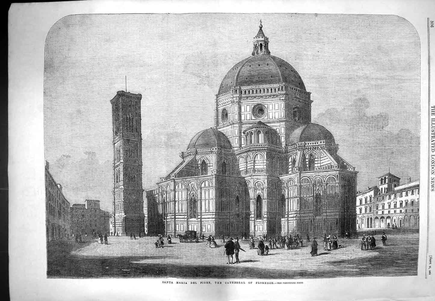 Original Old Antique Print 1861 Santa Maria Del Foire Cathedral Florence Italy