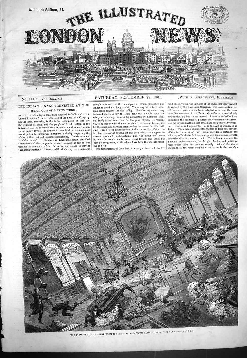 Original Old Antique Print 1861 Disaster Great Eastern Ship Grand Saloon Gale