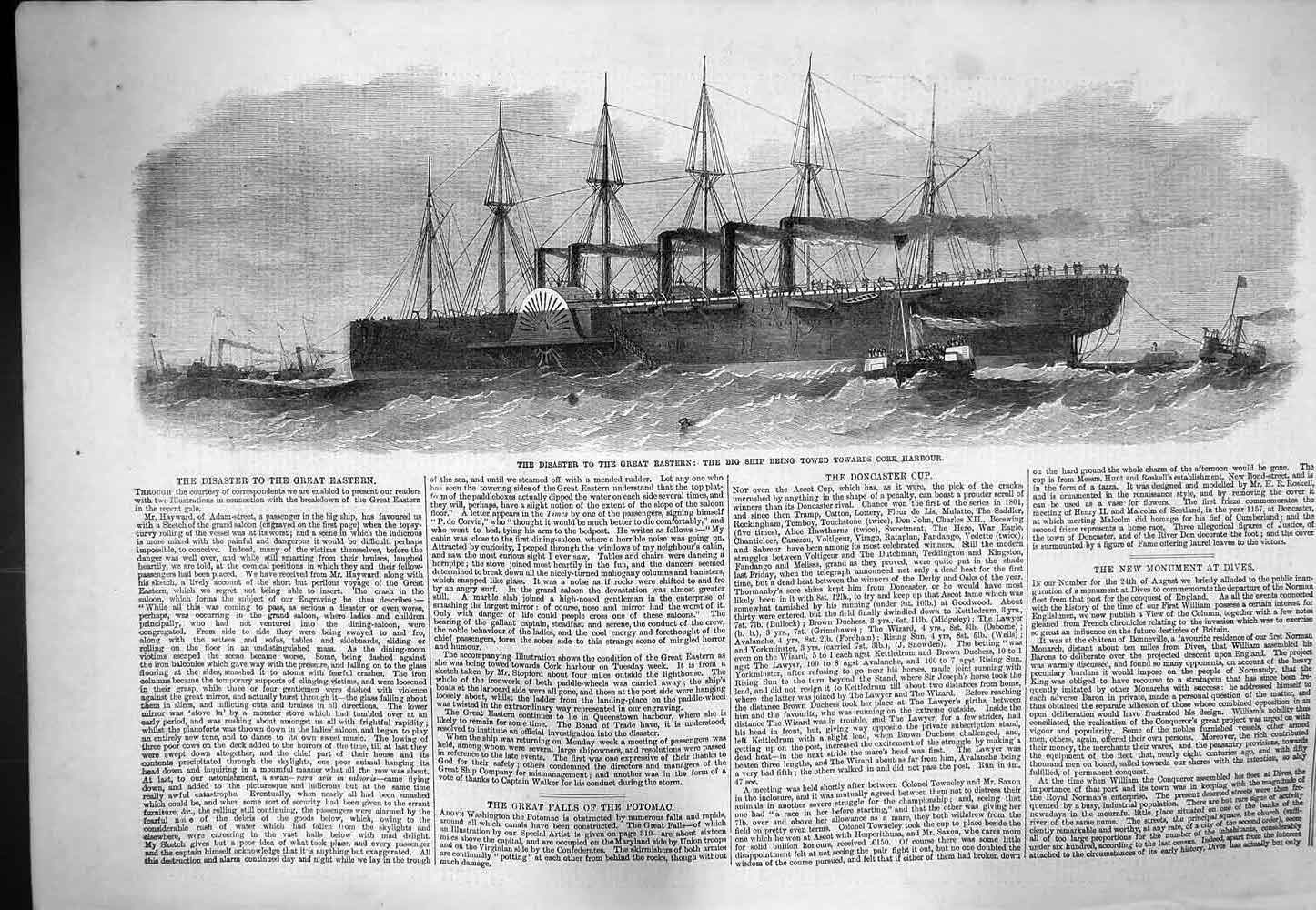 Original Old Antique Print 1861 Disaster Great Eastern Ship Towed Cork Harbour