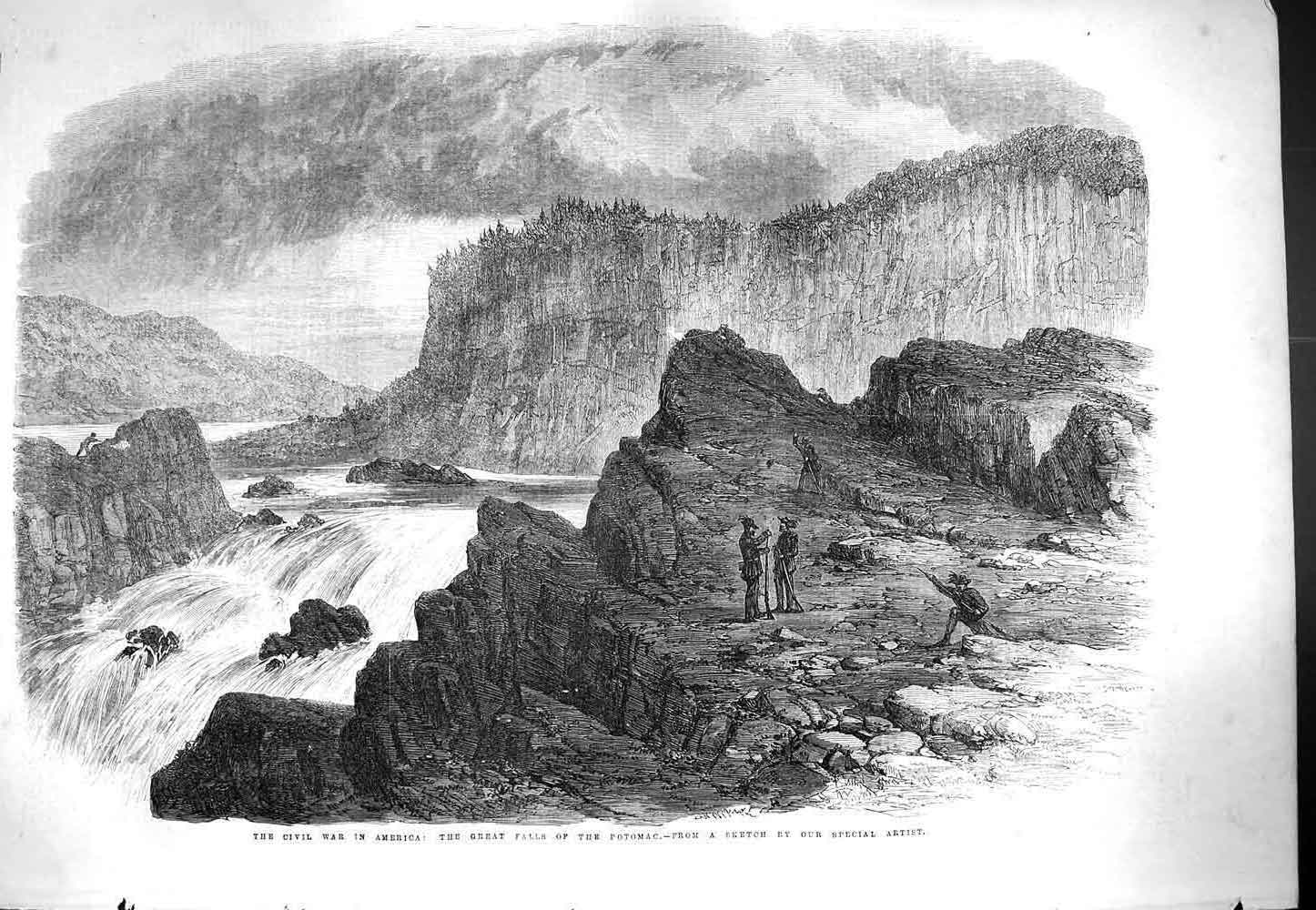 Original Old Antique Print 1861 Civil War America Great Falls Potomac Rive 19th