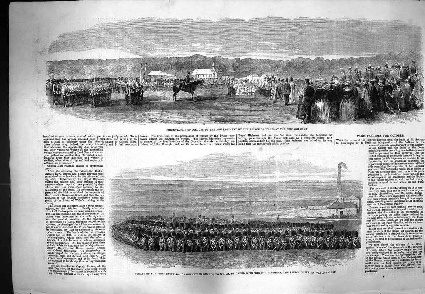 Original Old Antique Print 1861 Prince Wales Curragh Camp Grenadier Guards War
